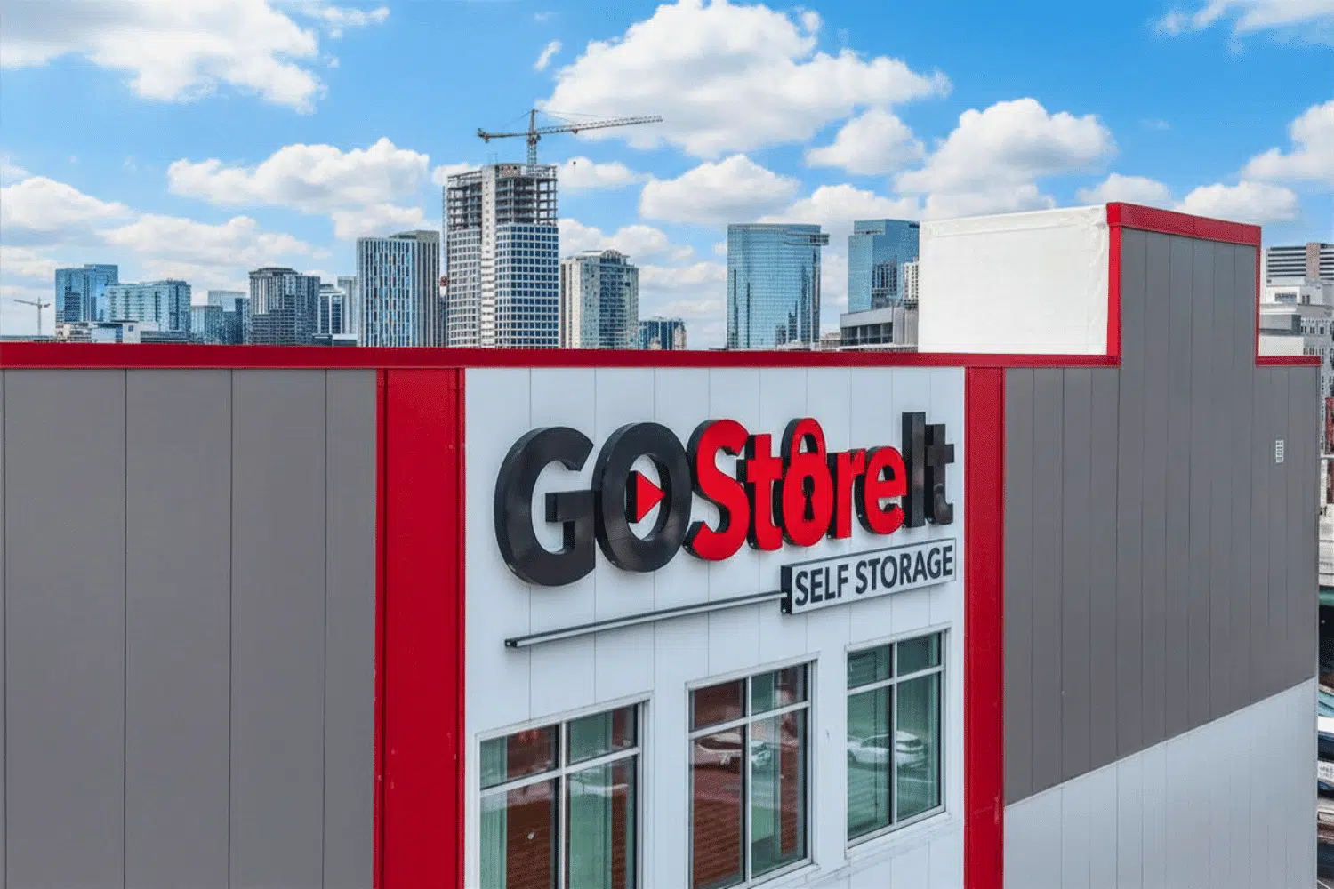 A Go Store It self storage facility with the Nashville skyline in the background
