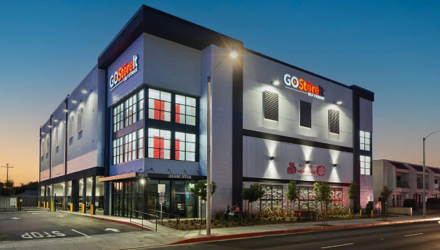 A Go Store It self storage facility at dusk